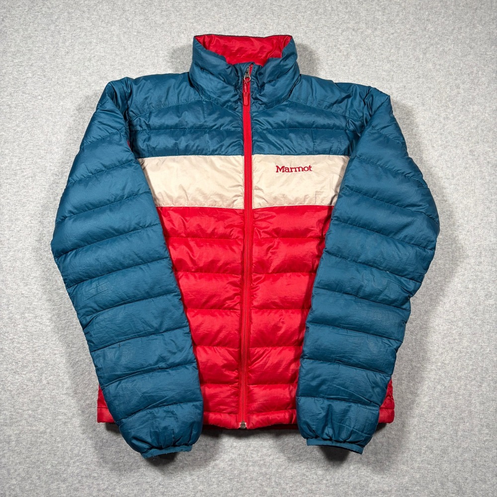 Marmot Puffer Jacket Mens Small Red White Blue 600 Fill Down Colorblock Full Zip